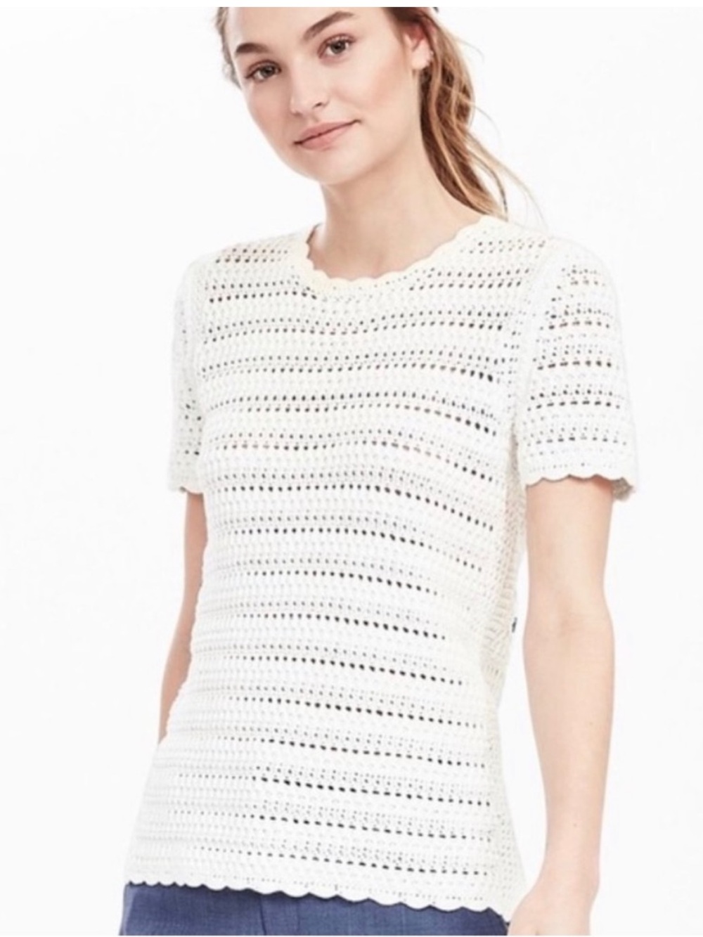 Banana Republic White Crochet Short Sleeve Pointelle Sweater top- worn a few tim